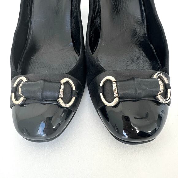 Gucci Classic Black Suede Pumps Bamboo Horsebit Cap Toe IT 39 - Picture 6 of 15